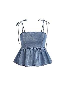 WDIRARA Women's Plus Size Ruffle Denim Cami Top Tie Shoulder